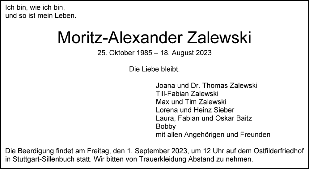  Traueranzeige für Moritz-Alexander Zalewski vom 26.08.2023 aus Stuttgarter Zeitung / Stuttgarter Nachrichten