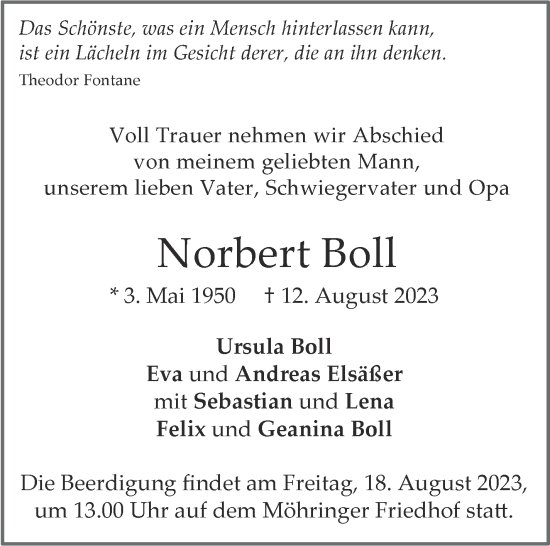 Traueranzeige von Norbert Boll von Stuttgarter Zeitung / Stuttgarter Nachrichten
