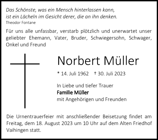 Traueranzeige von Norbert Müller von Stuttgarter Zeitung / Stuttgarter Nachrichten