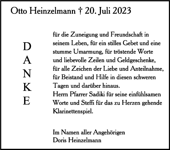 Traueranzeige von Otto Heinzelmann von Stuttgarter Zeitung / Stuttgarter Nachrichten