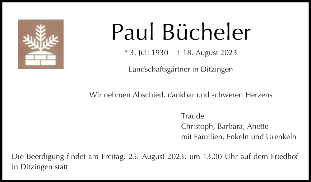  Traueranzeige für Paul Bücheler vom 23.08.2023 aus Stuttgarter Zeitung / Stuttgarter Nachrichten