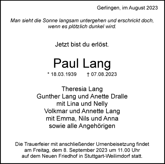 Traueranzeige von Paul Lang von Stuttgarter Zeitung / Stuttgarter Nachrichten