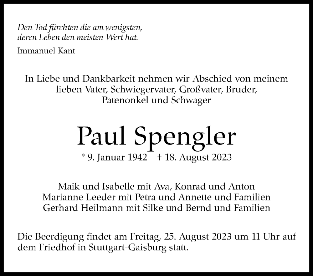  Traueranzeige für Paul Spengler vom 24.08.2023 aus Stuttgarter Zeitung / Stuttgarter Nachrichten