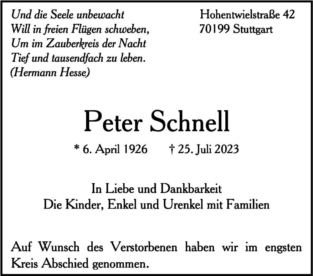  Traueranzeige für Peter Schnell vom 04.08.2023 aus Stuttgarter Zeitung / Stuttgarter Nachrichten