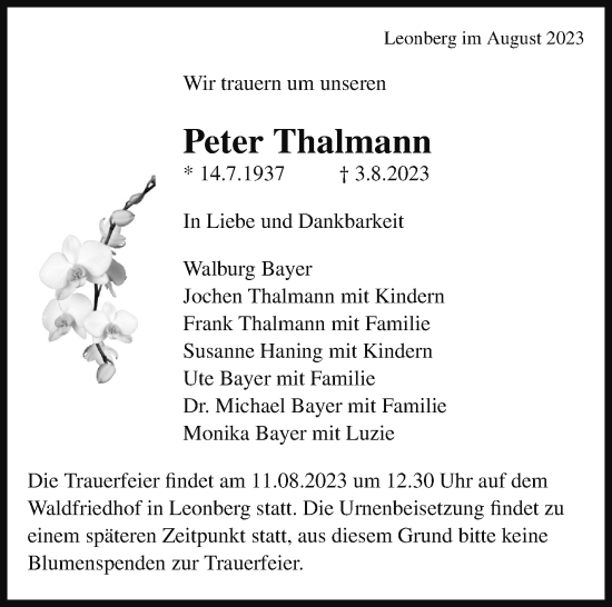 Traueranzeige von Peter Thalmann von Stuttgarter Zeitung / Stuttgarter Nachrichten