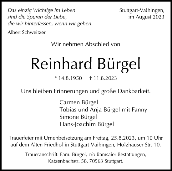 Traueranzeige von Reinhard Bürgel von Stuttgarter Zeitung / Stuttgarter Nachrichten