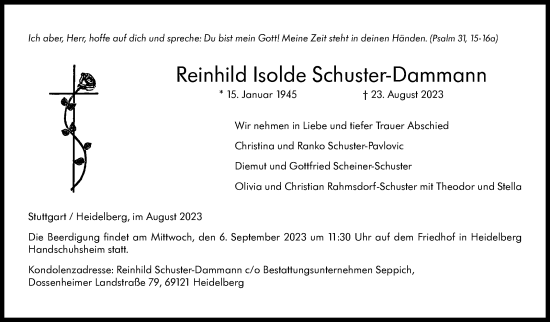 Traueranzeige von Reinhild Isolde Schuster-Dammann von Stuttgarter Zeitung / Stuttgarter Nachrichten