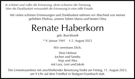 Traueranzeige von Renate Haberkorn von Stuttgarter Zeitung / Stuttgarter Nachrichten