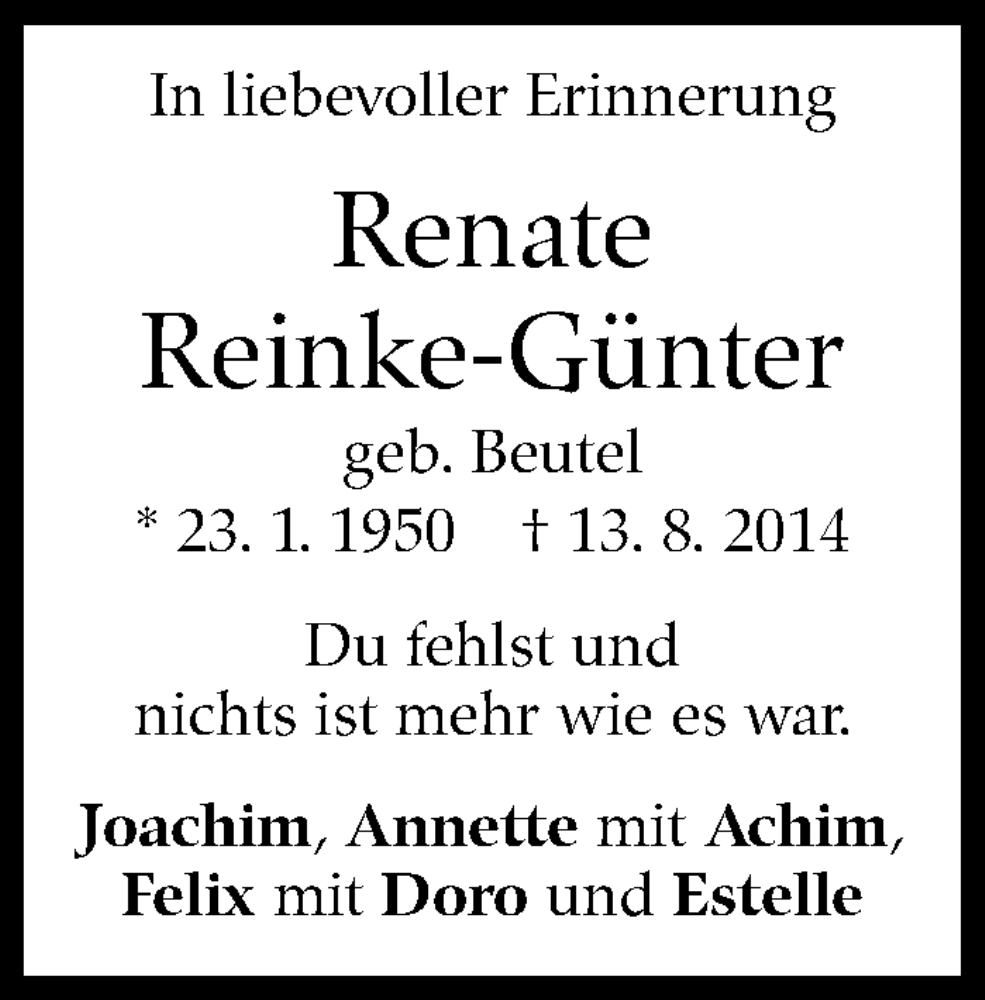  Traueranzeige für Renate Reinke-Günter vom 12.08.2023 aus Stuttgarter Zeitung / Stuttgarter Nachrichten