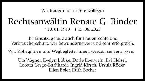 Traueranzeige von Renate G. Binder von Stuttgarter Zeitung / Stuttgarter Nachrichten