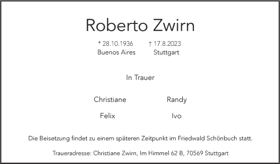 Traueranzeige von Roberto Zwirn von Stuttgarter Zeitung / Stuttgarter Nachrichten