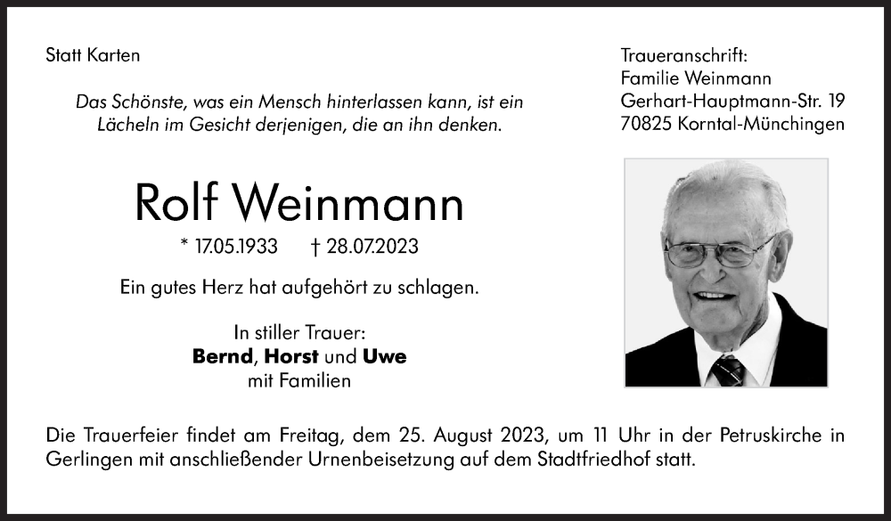  Traueranzeige für Rolf Weinmann vom 19.08.2023 aus Stuttgarter Zeitung / Stuttgarter Nachrichten