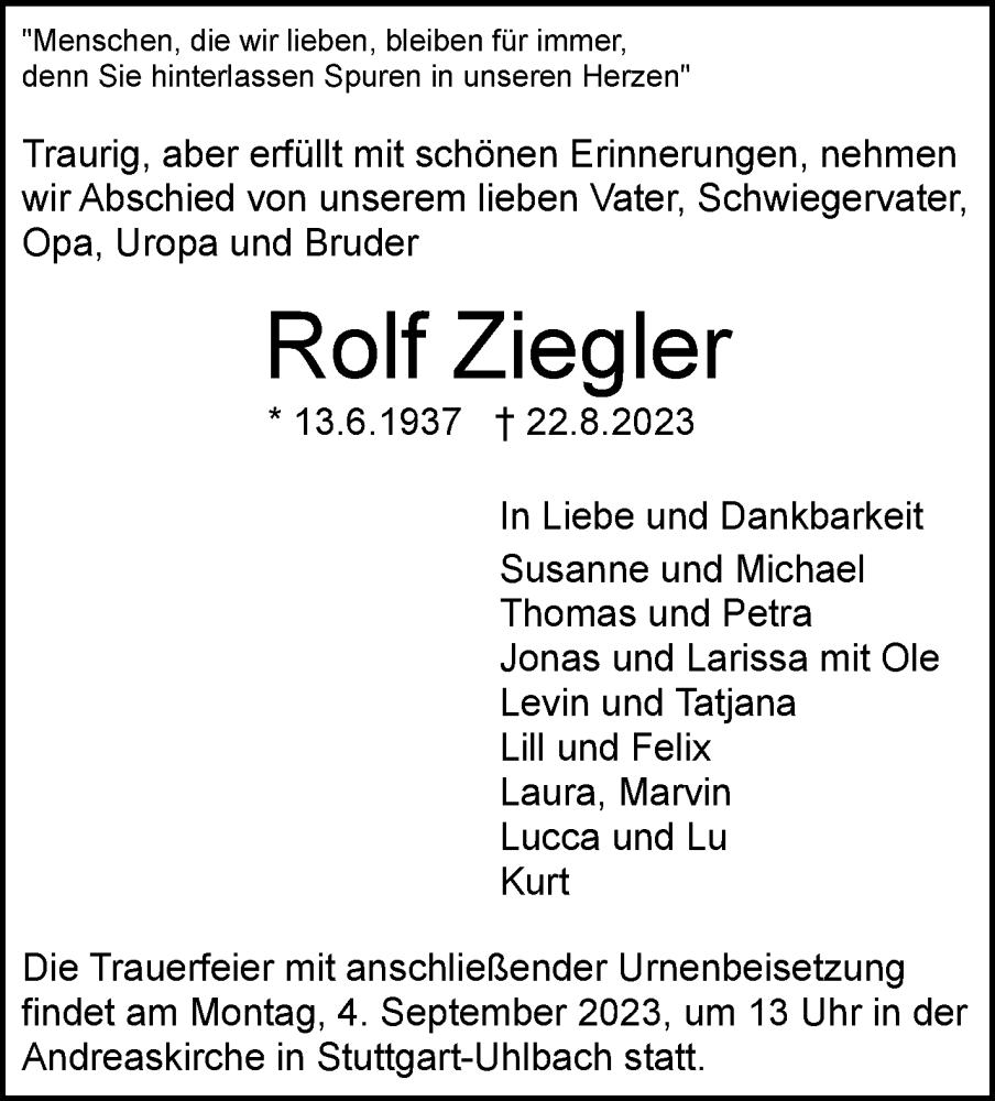  Traueranzeige für Rolf Ziegler vom 31.08.2023 aus Stuttgarter Zeitung / Stuttgarter Nachrichten