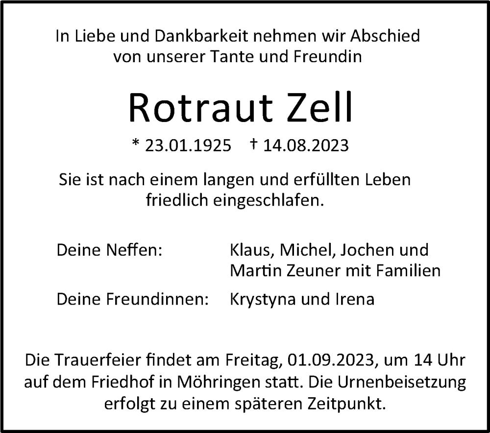  Traueranzeige für Rotraut Zell vom 26.08.2023 aus Stuttgarter Zeitung / Stuttgarter Nachrichten
