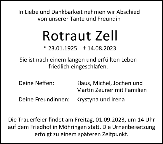 Traueranzeige von Rotraut Zell von Stuttgarter Zeitung / Stuttgarter Nachrichten