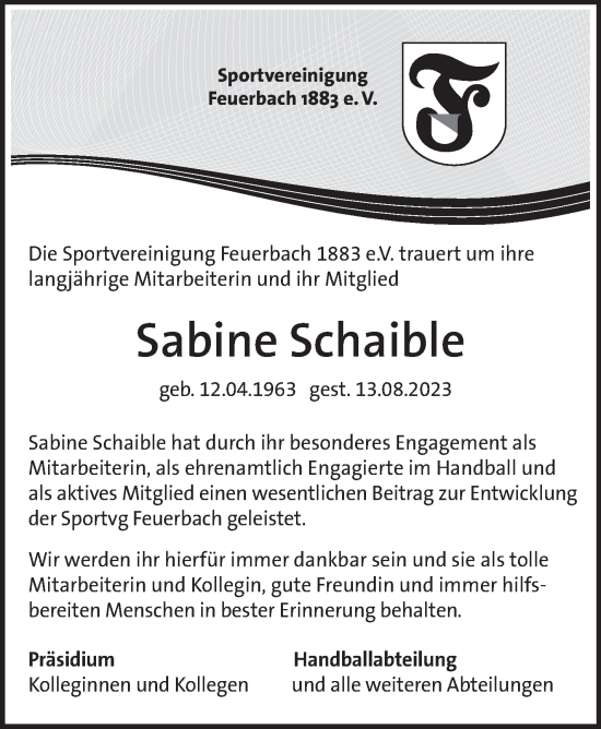 Traueranzeige von Sabine Schaible von Stuttgarter Zeitung / Stuttgarter Nachrichten