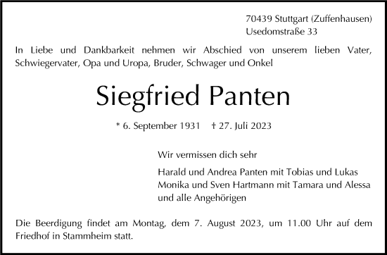 Traueranzeige von Siegfried Panten von Stuttgarter Zeitung / Stuttgarter Nachrichten