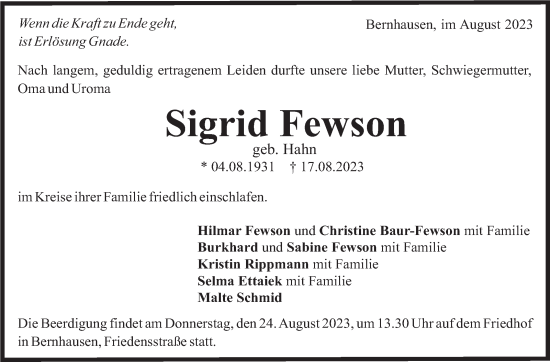 Traueranzeige von Sigrid Fewson von Stuttgarter Zeitung / Stuttgarter Nachrichten