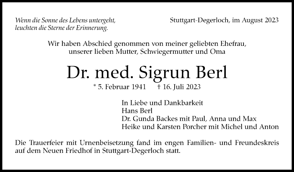  Traueranzeige für Sigrun Berl vom 05.08.2023 aus Stuttgarter Zeitung / Stuttgarter Nachrichten
