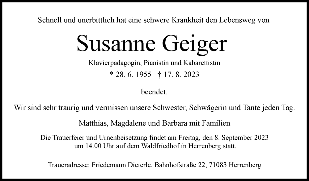  Traueranzeige für Susanne Geiger vom 29.08.2023 aus Stuttgarter Zeitung / Stuttgarter Nachrichten