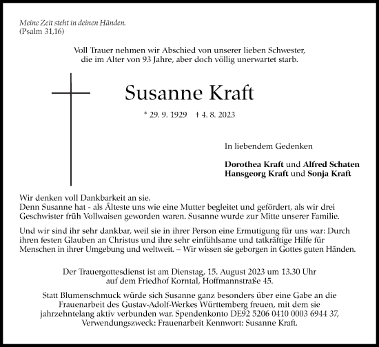 Traueranzeige von Susanne Kraft von Stuttgarter Zeitung / Stuttgarter Nachrichten