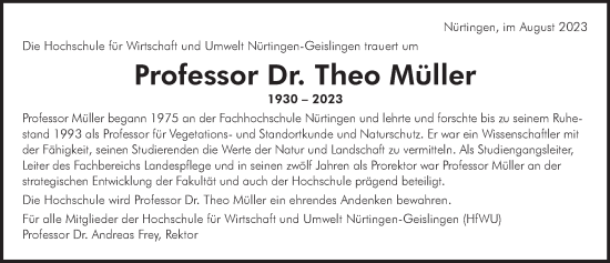 Traueranzeige von Theo Müller von Stuttgarter Zeitung / Stuttgarter Nachrichten