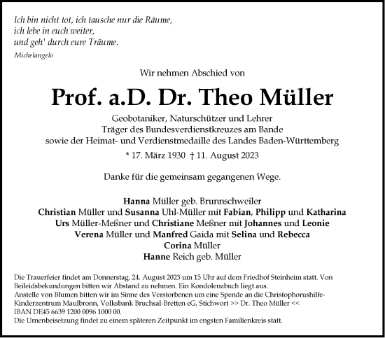 Traueranzeige von Theo Müller von Stuttgarter Zeitung / Stuttgarter Nachrichten