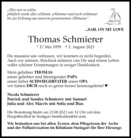Traueranzeige von Thomas Schmierer von Stuttgarter Zeitung / Stuttgarter Nachrichten