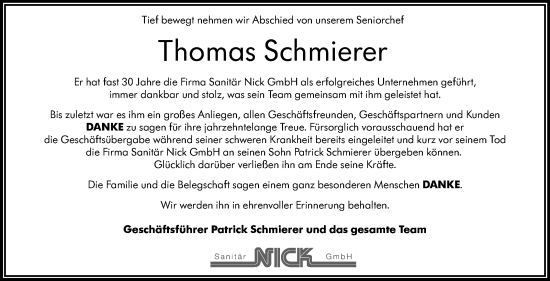 Traueranzeige von Thomas Schmierer von Stuttgarter Zeitung / Stuttgarter Nachrichten