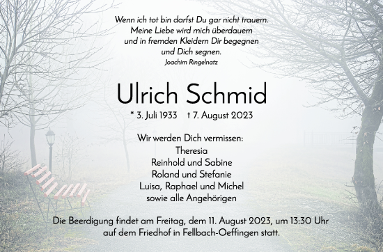Traueranzeige von Ulrich Schmid von Stuttgarter Zeitung / Stuttgarter Nachrichten