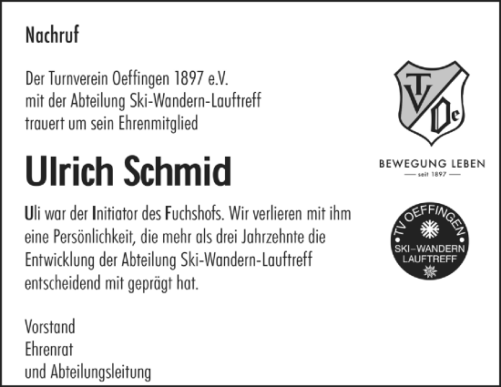 Traueranzeige von Ulrich Schmid von Stuttgarter Zeitung / Stuttgarter Nachrichten