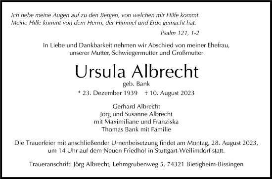 Traueranzeige von Ursula Albrecht von Stuttgarter Zeitung / Stuttgarter Nachrichten
