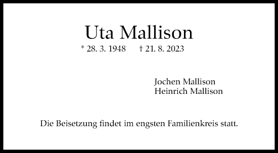 Traueranzeige von Uta Mallison von Stuttgarter Zeitung / Stuttgarter Nachrichten