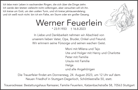 Traueranzeige von Werner Feuerlein von Stuttgarter Zeitung / Stuttgarter Nachrichten