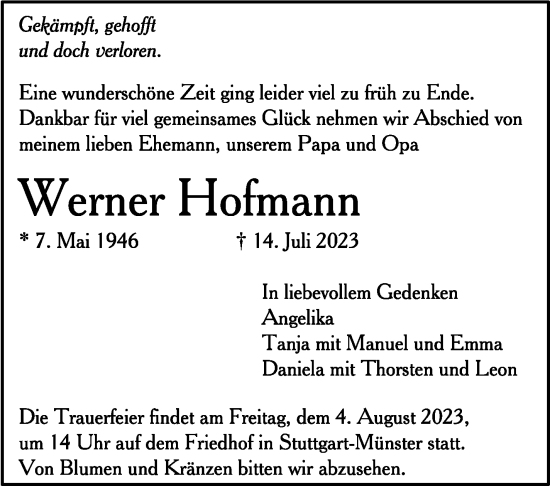 Traueranzeige von Werner Hofmann von Stuttgarter Zeitung / Stuttgarter Nachrichten