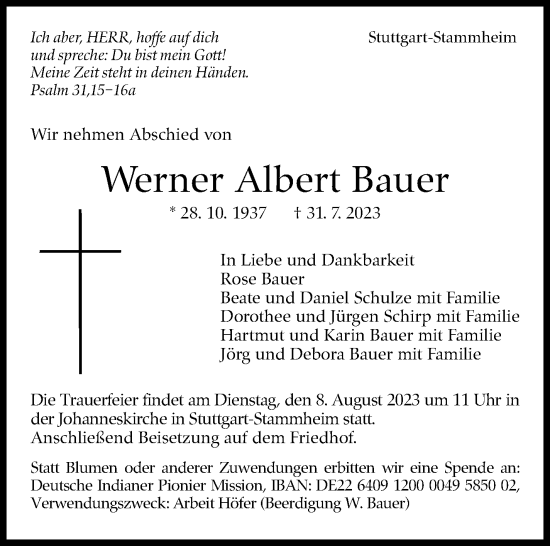Traueranzeige von Werner Albert Bauer von Stuttgarter Zeitung / Stuttgarter Nachrichten