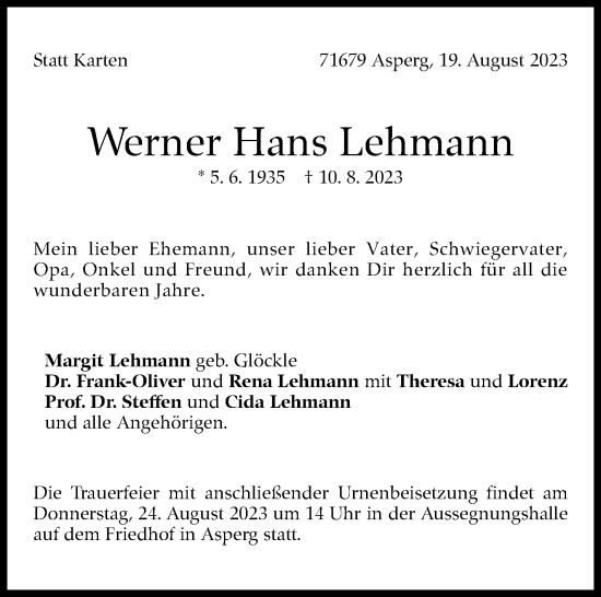 Traueranzeige von Werner Hans Lehmann von Stuttgarter Zeitung / Stuttgarter Nachrichten