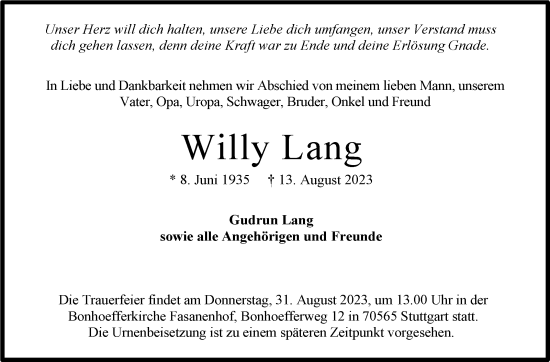 Traueranzeige von Willy Lang von Stuttgarter Zeitung / Stuttgarter Nachrichten