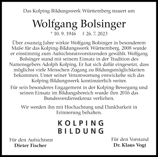 Traueranzeige von Wolfgang Bolsinger von Stuttgarter Zeitung / Stuttgarter Nachrichten
