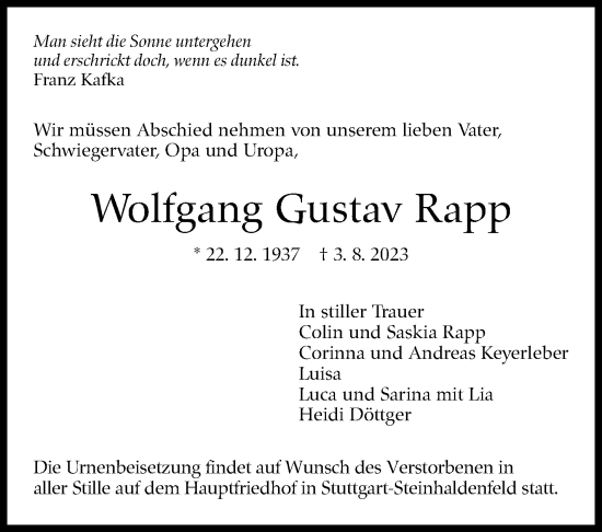 Traueranzeige von Wolfgang  Rapp von Stuttgarter Zeitung / Stuttgarter Nachrichten