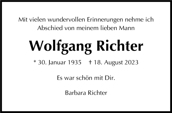 Traueranzeige von Wolfgang Richter von Stuttgarter Zeitung / Stuttgarter Nachrichten