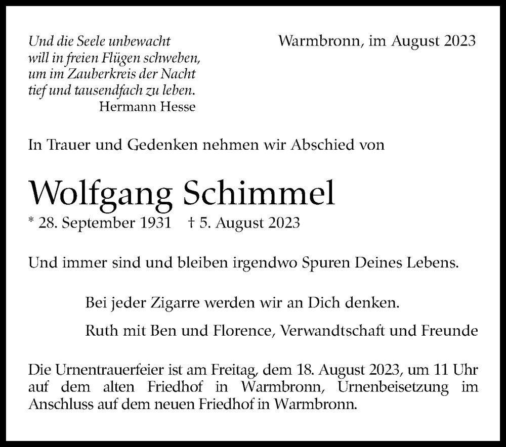  Traueranzeige für Wolfgang Schimmel vom 12.08.2023 aus Stuttgarter Zeitung / Stuttgarter Nachrichten