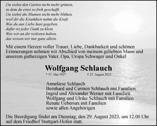 Traueranzeige von Wolfgang Schlauch von Stuttgarter Zeitung / Stuttgarter Nachrichten