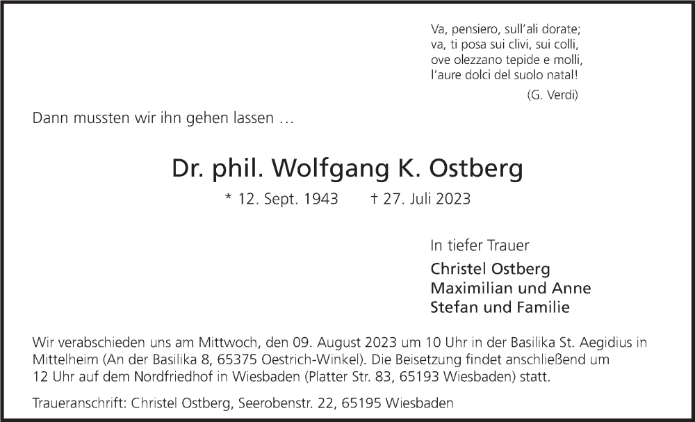  Traueranzeige für Wolfgang K. Ostberg vom 05.08.2023 aus Stuttgarter Zeitung / Stuttgarter Nachrichten