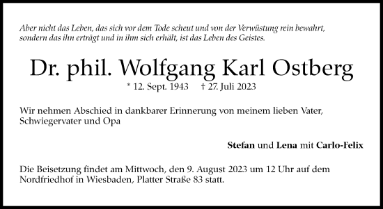 Traueranzeige von Wolfgang Karl Ostberg von Stuttgarter Zeitung / Stuttgarter Nachrichten