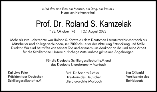 Traueranzeige von Prof. Dr. Roland S. Kamzelak von Stuttgarter Zeitung / Stuttgarter Nachrichten