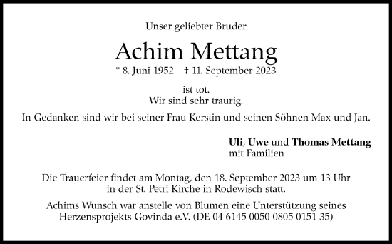 Traueranzeige von Achim Mettang von Stuttgarter Zeitung / Stuttgarter Nachrichten