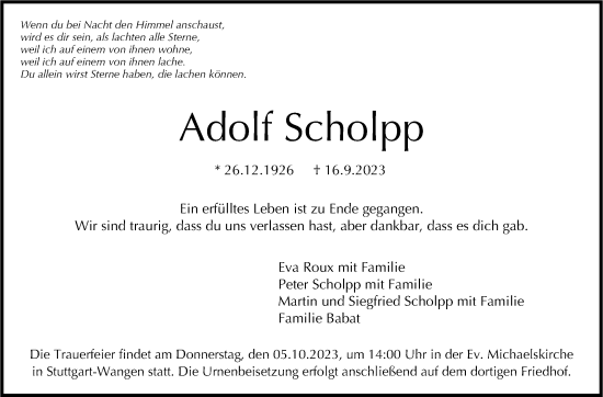 Traueranzeige von Adolf Scholpp von Stuttgarter Zeitung / Stuttgarter Nachrichten