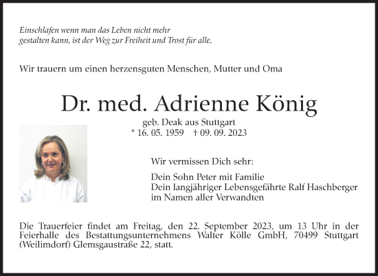 Traueranzeige von Adrienne König von Stuttgarter Zeitung / Stuttgarter Nachrichten