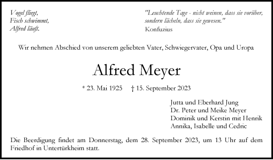 Traueranzeige von Alfred Meyer von Stuttgarter Zeitung / Stuttgarter Nachrichten